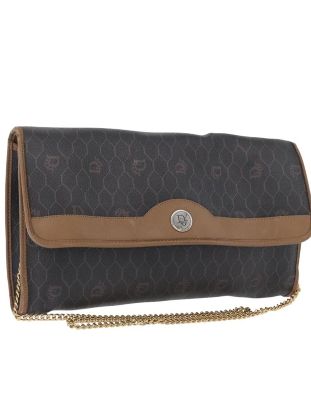 Christian Dior Honeycomb Canvas Chain Bag PVC Leather Black Gold